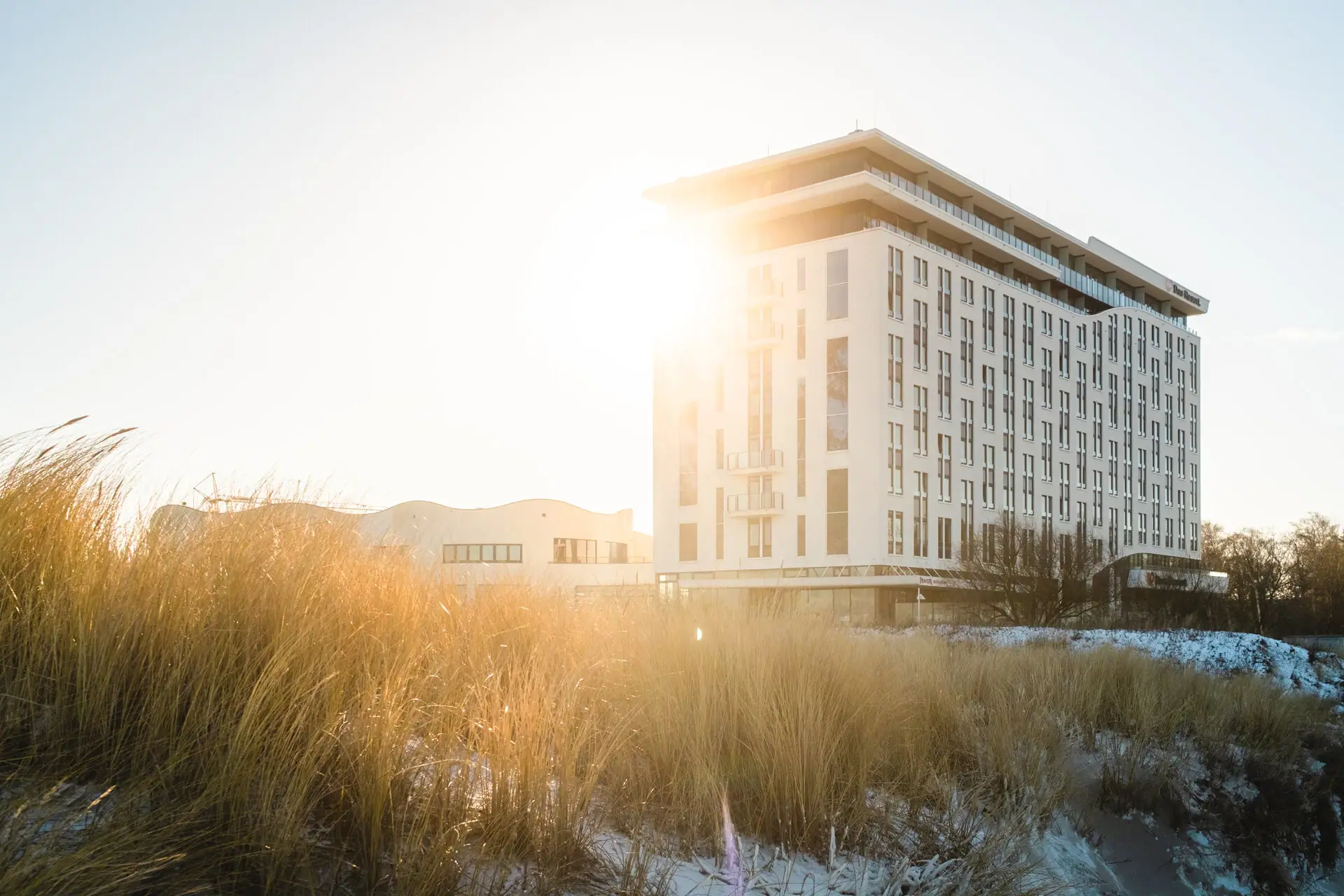 aja Warnemünde Ein hohes Gras vor einem dem aja Warnemünde im Freien.
