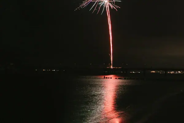Fireworks in the night sky above the water