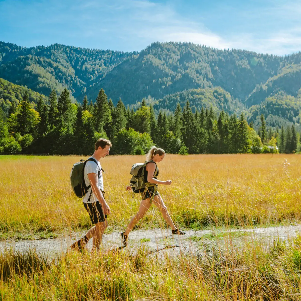 A man and a woman are walking along a path in a field with mountains in the background.