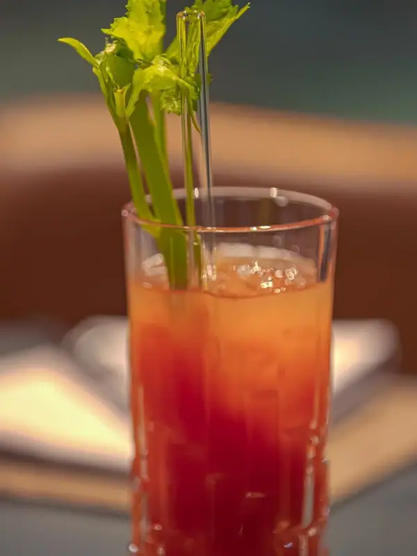 A glass containing a drink and a green plant.
