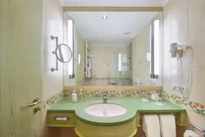Double room facing the lake A bathroom with a green washbasin and a mirror.