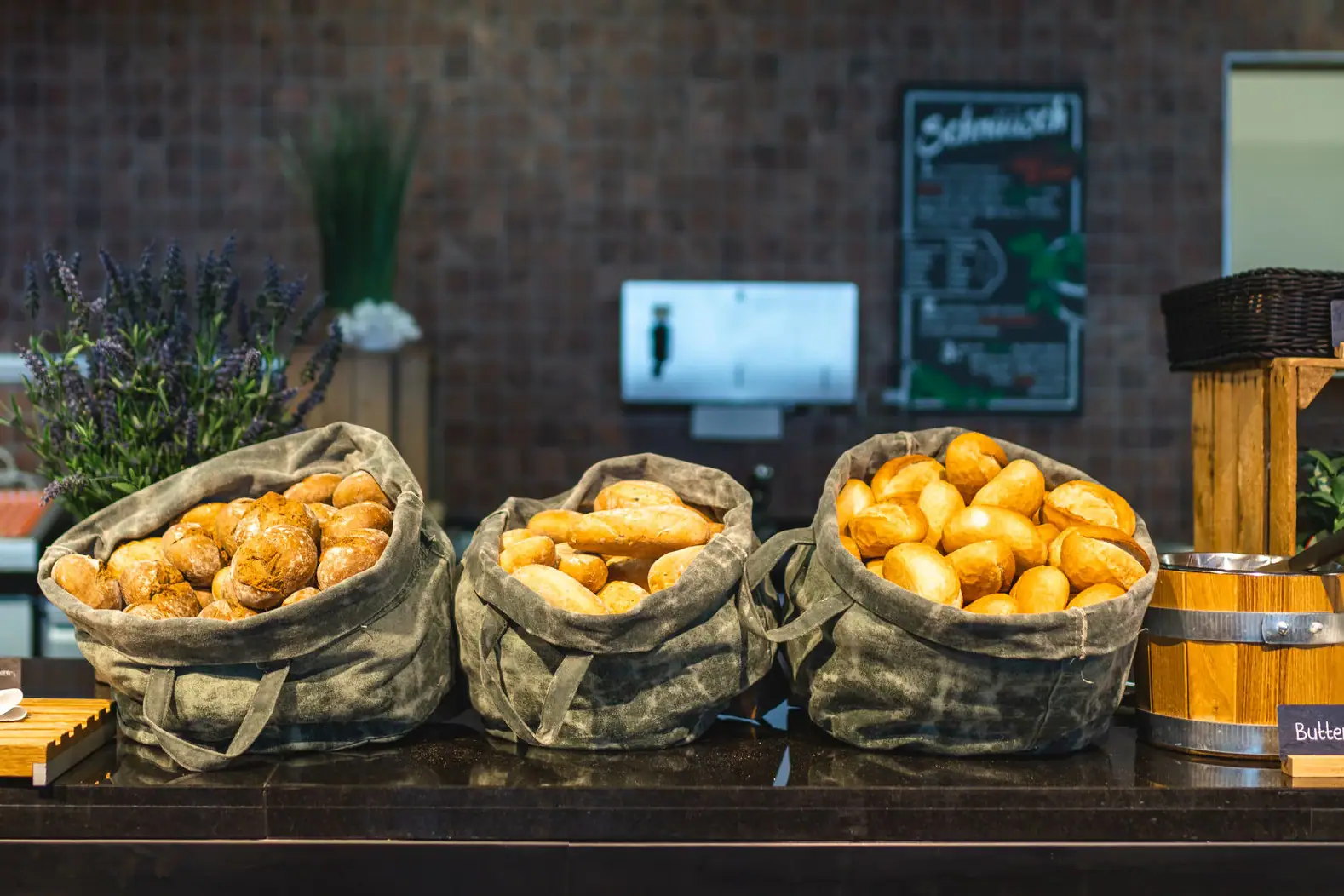 A group of bread bags on a table.
