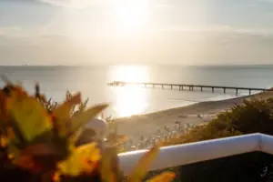 A beach with a pier and a body of water.