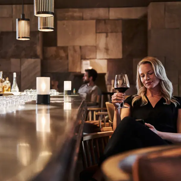 A woman is sitting at a bar, holding a glass of wine.