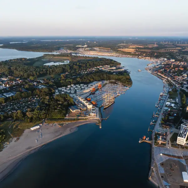 Travemünde from above River with city and water from a bird's eye view.