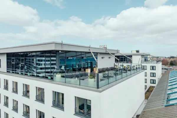 A building with glass windows.