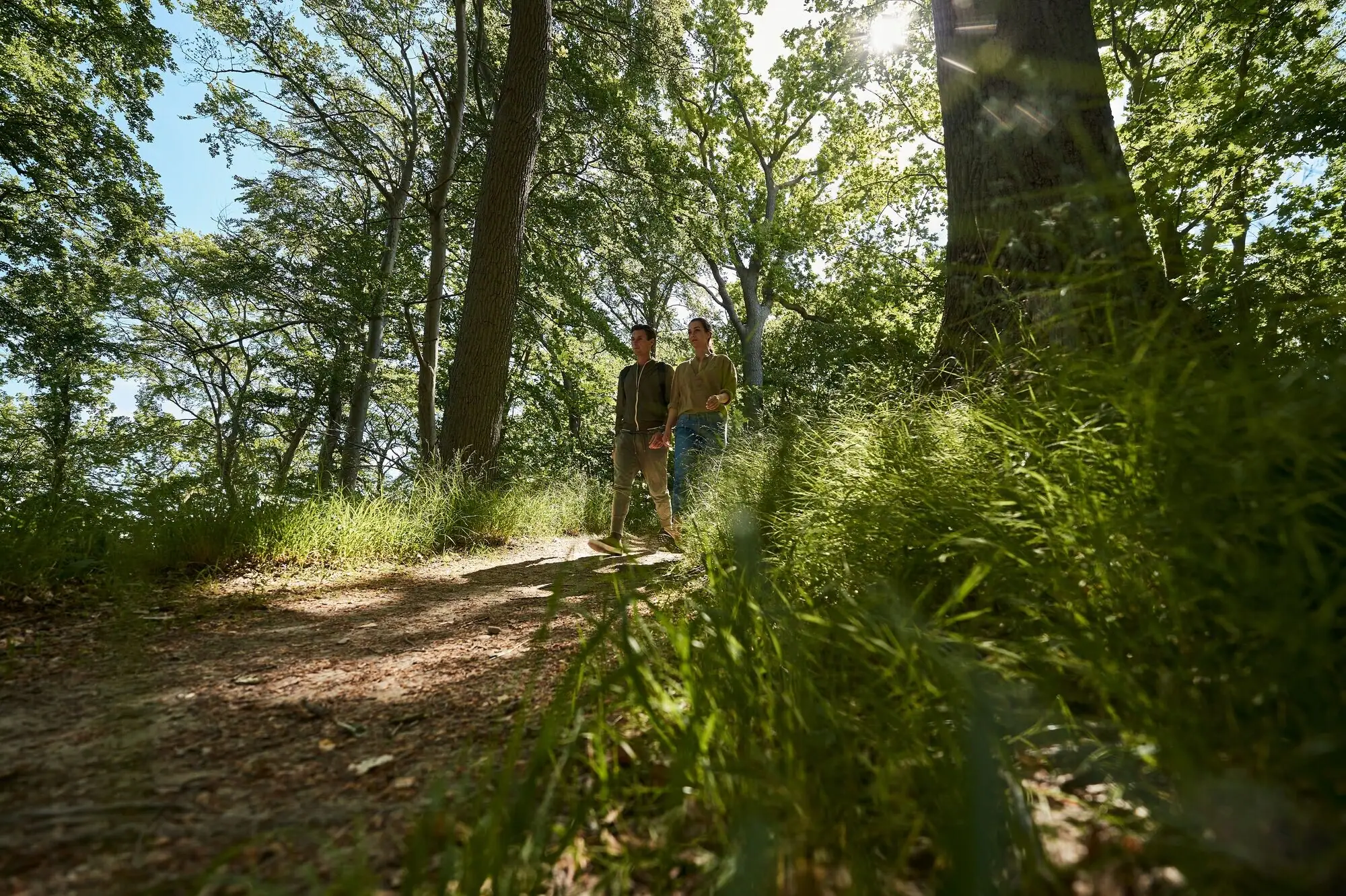 Two people are standing on a forest path.