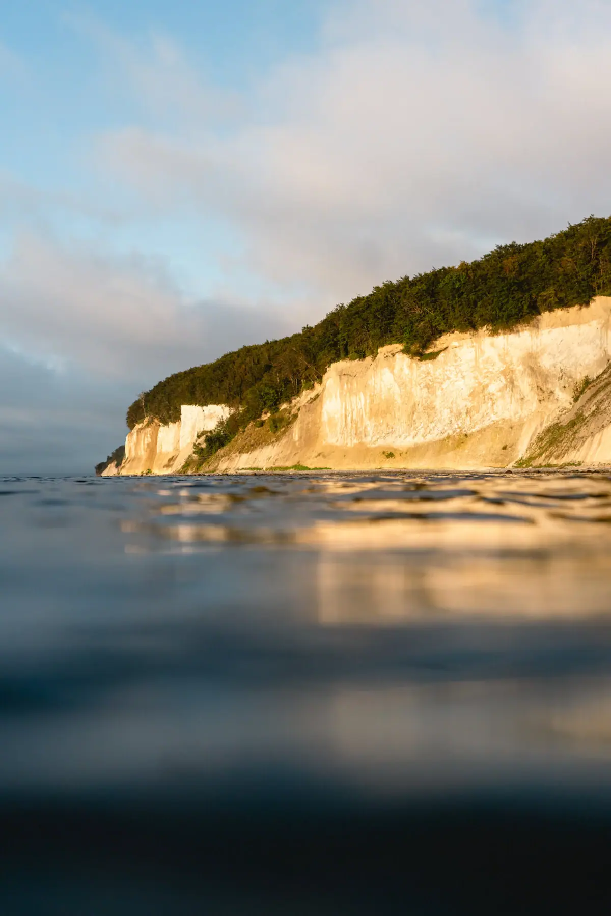 A body of water with a cliff and trees.