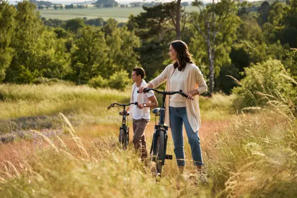 A couple with bicycles stand in the middle of a summery meadow landscape on Rügen; they enjoy the view over the hilly countryside and blossoming fields in the open air.