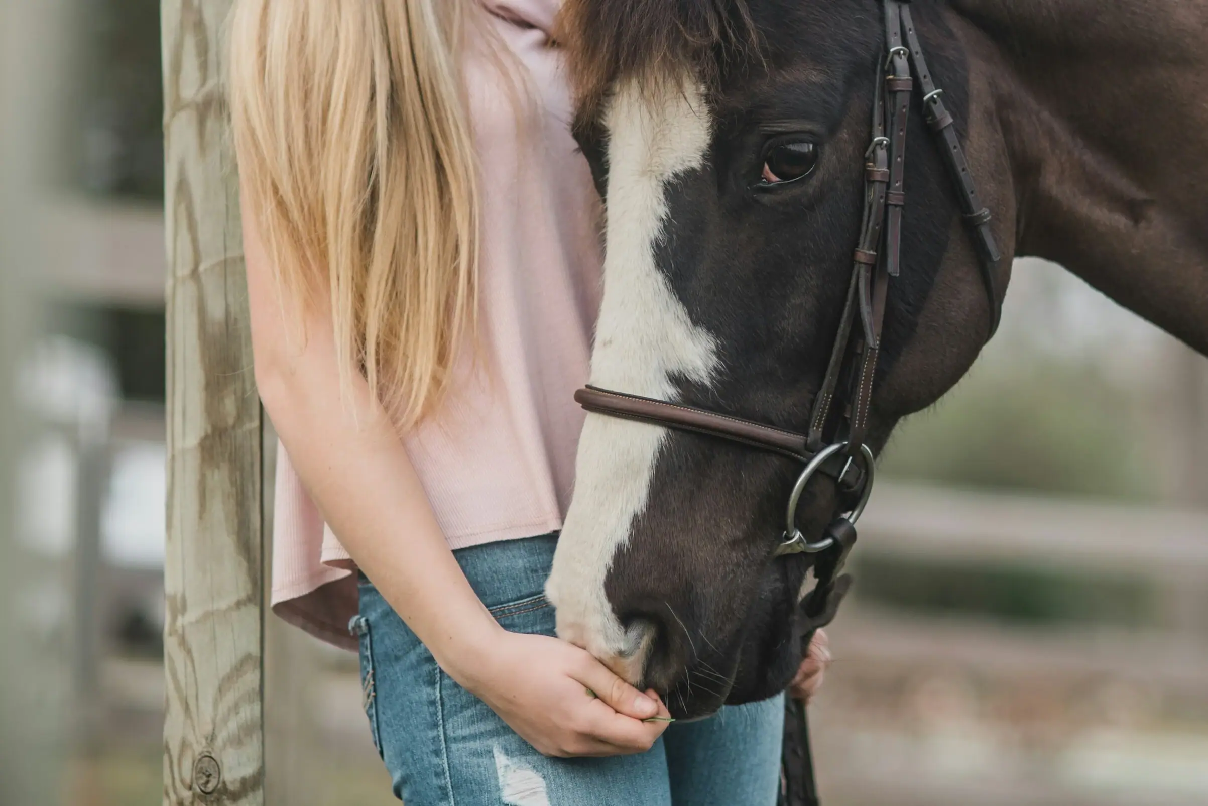 Woman hugging a horse outdoors.