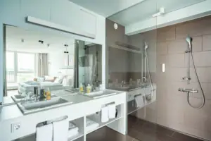 Suite Bathroom with glass shower and double washbasin