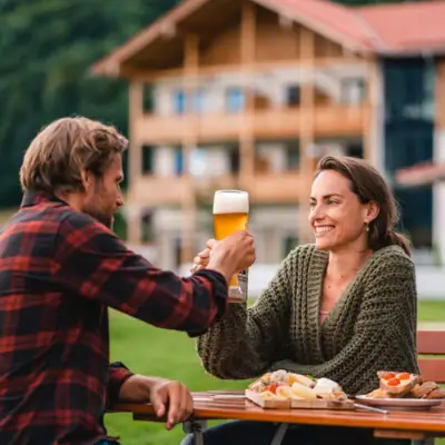 Food & Drink A man and a woman are sitting at a table with food and drinks.