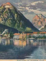 Painting of a building next to a lake with mountains in the background.