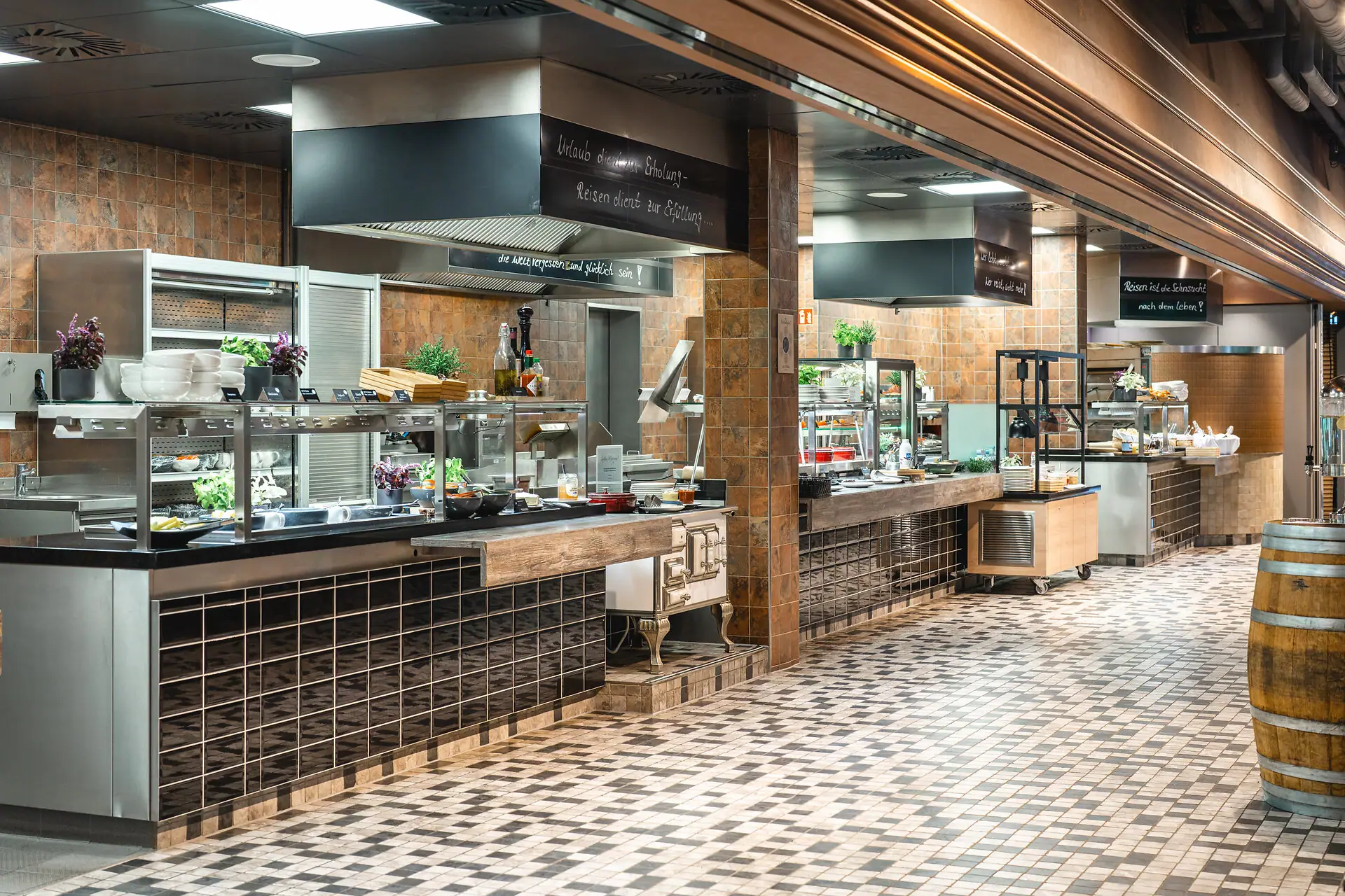 A kitchen with food on the worktop.