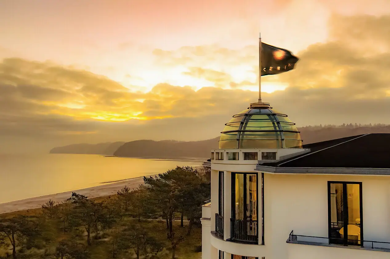 A flag on a building.