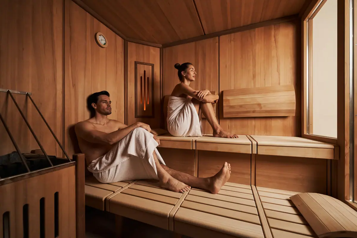 A man and a woman in a sauna.