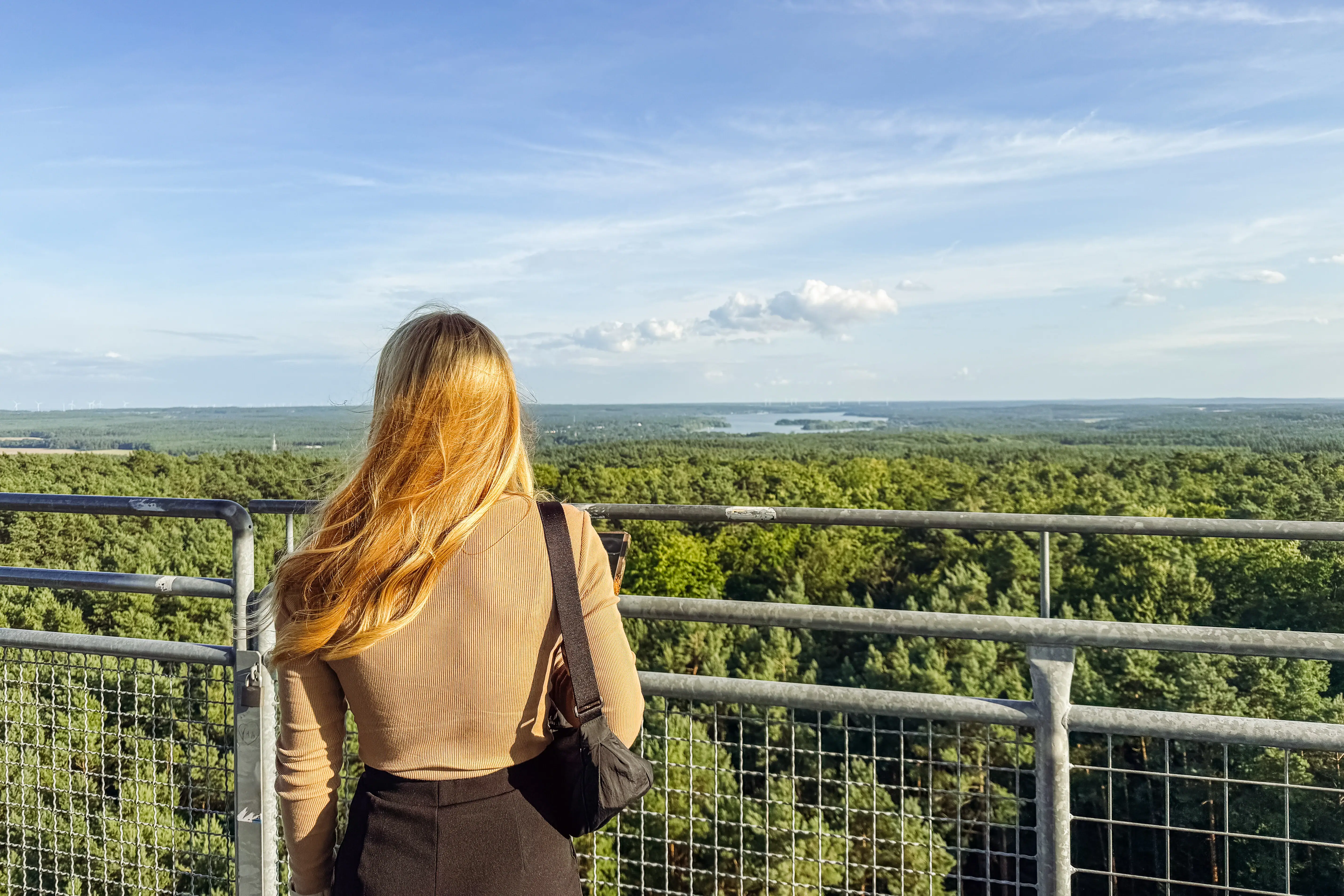 A woman stands on a balcony overlooking a forest.