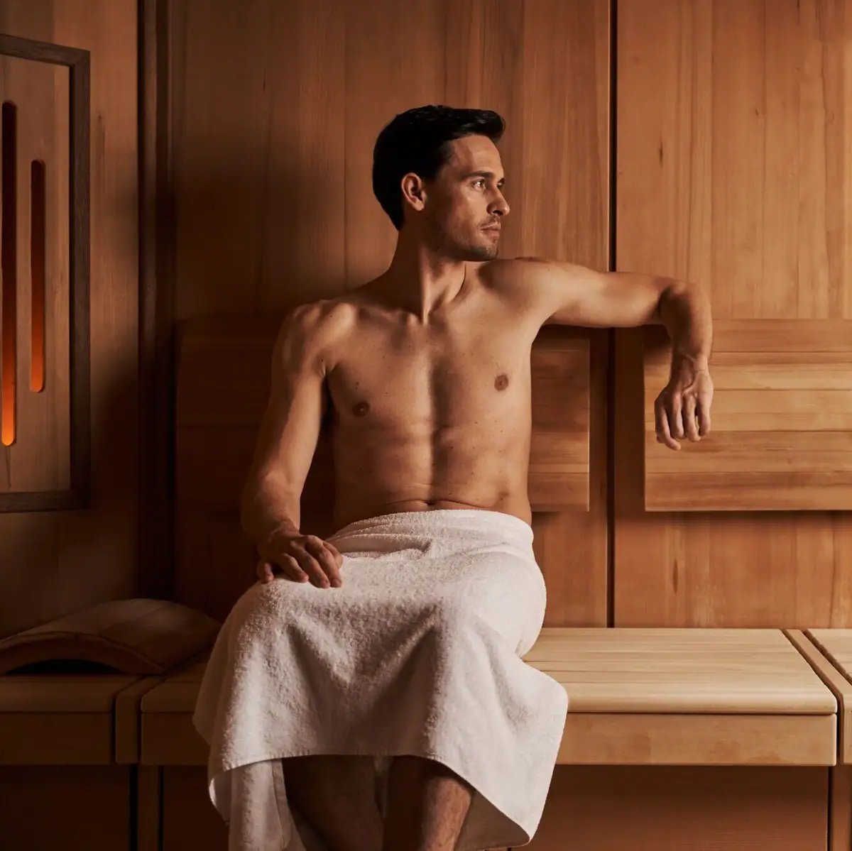 SPA Suite A man sits in a towel.