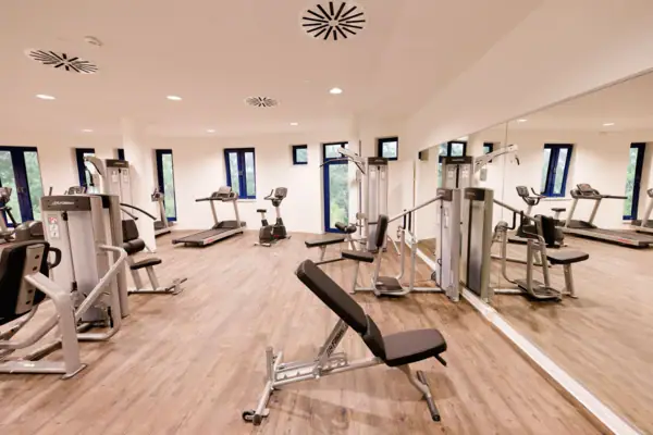 A room with fitness equipment.