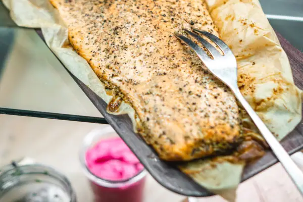 Fish on a tray with a fork
