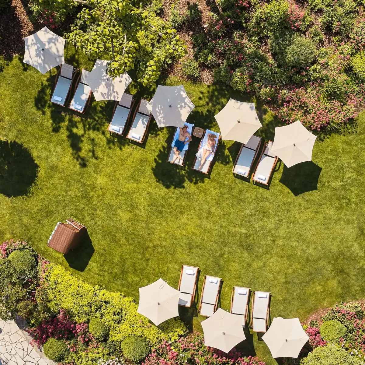 A group of people are sitting on deckchairs under parasols in a garden.