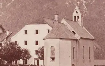 Church in front of a mountain.