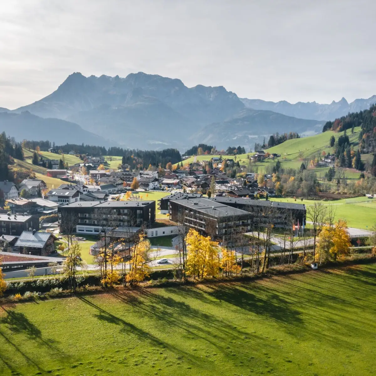 City with many buildings, surrounded by green meadows and mountains in the background.