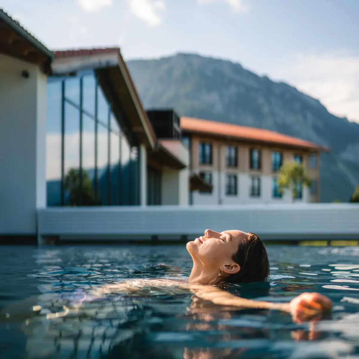 Outdoor pool at aja Ruhpolding A woman swims in a pool.