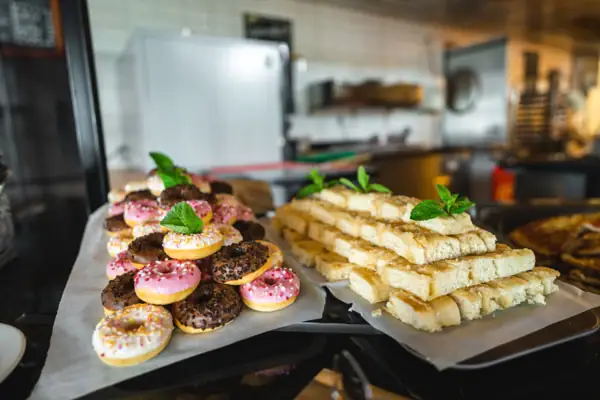 A tray with donuts and pastries.