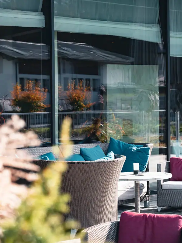 Sun terrace A terrace with a table and chairs.