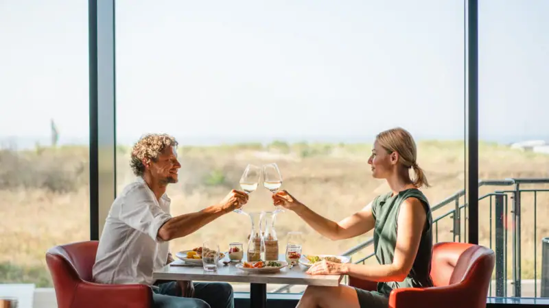 A man and a woman are sitting at a table with glasses of wine.