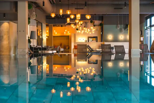 A pool with floating candles.