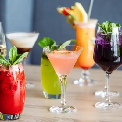 A selection of cocktails on a table.