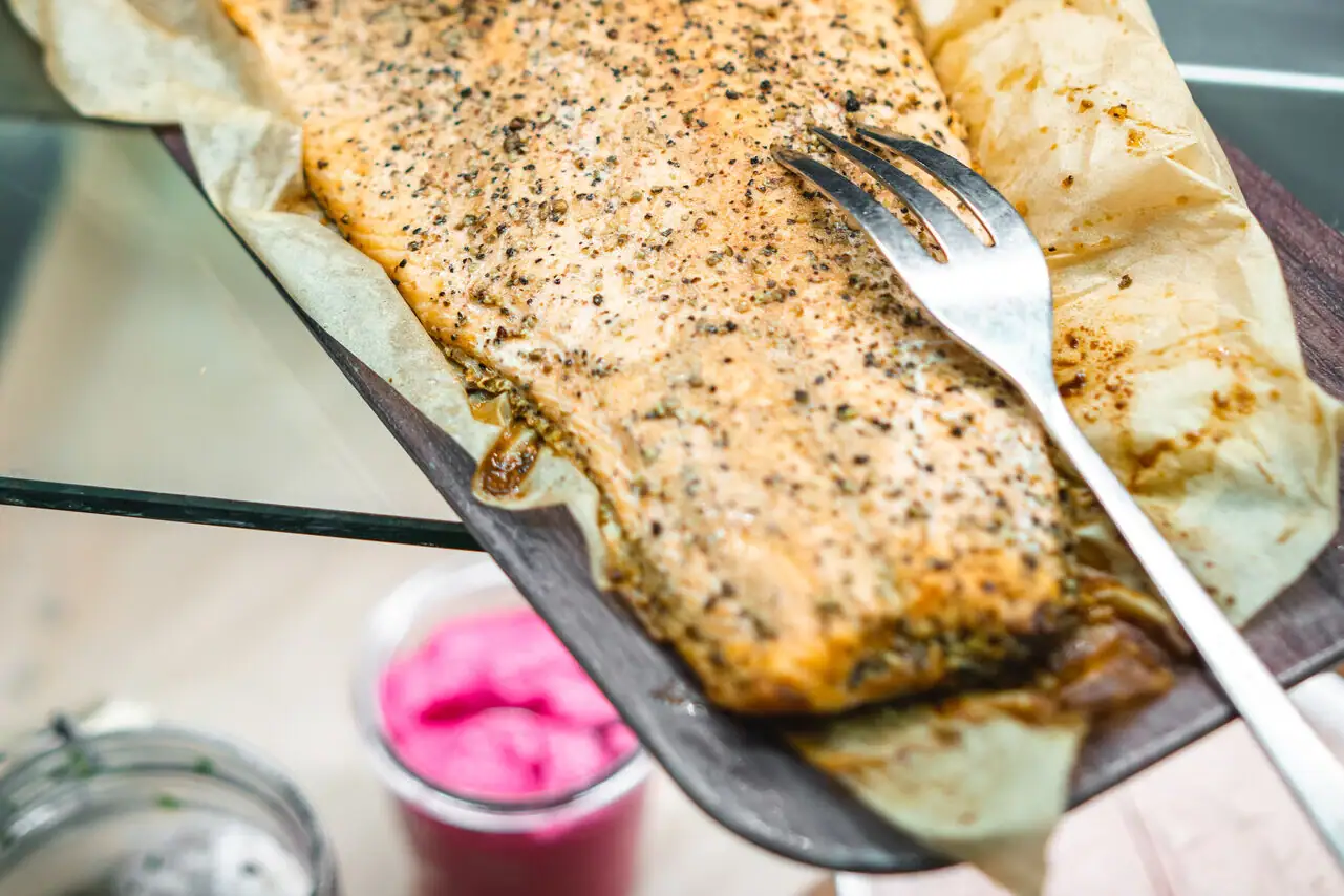 Fish on a tray with a fork