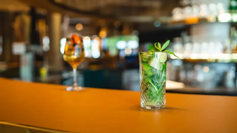 A glass with a drink and a green leaf on top.