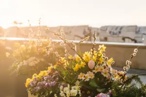 Eine Gruppe von Blumen mit einem weißen Ei in ihrer Mitte.