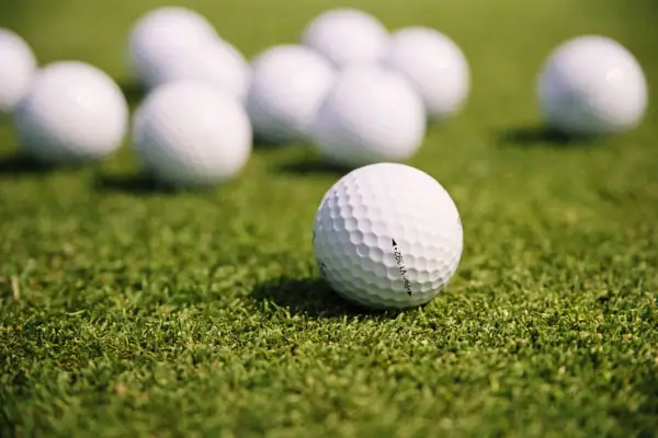 Several golf balls lie on the grass.