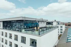 A building with glass windows.