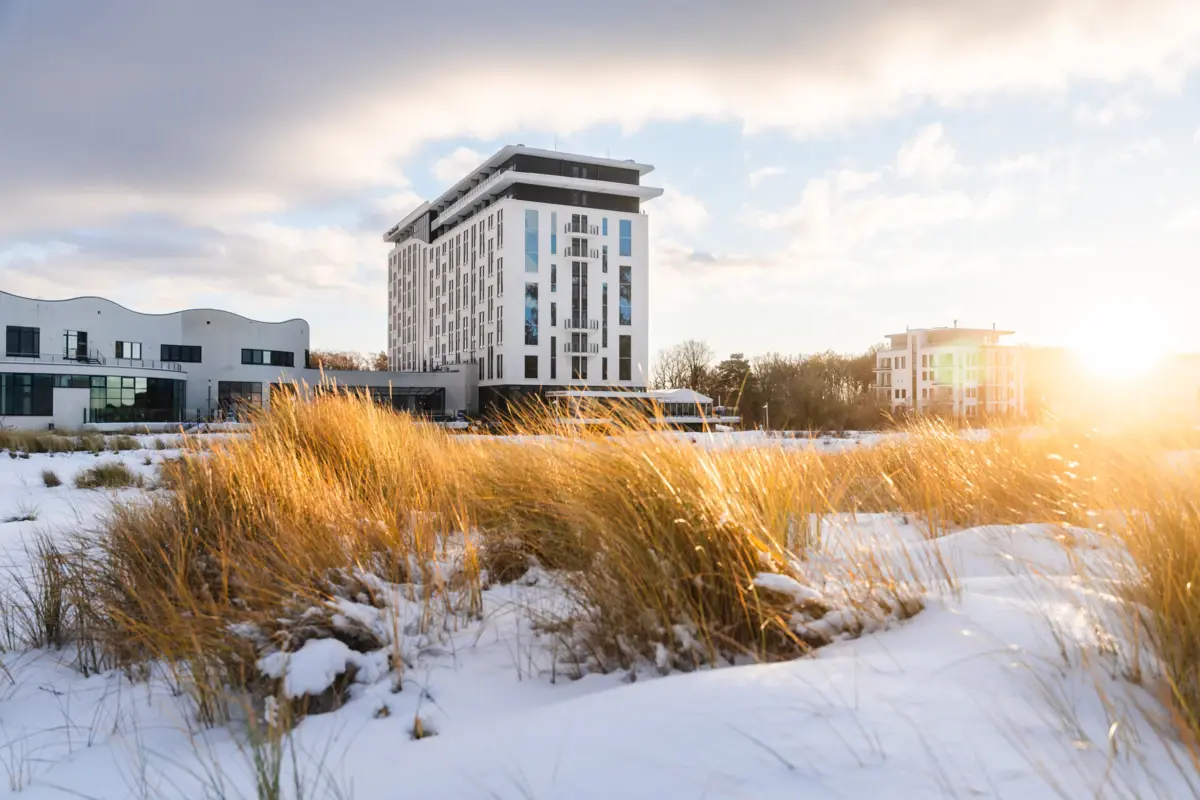 Tall grass in front of a building outdoors, with a cloudy sky.