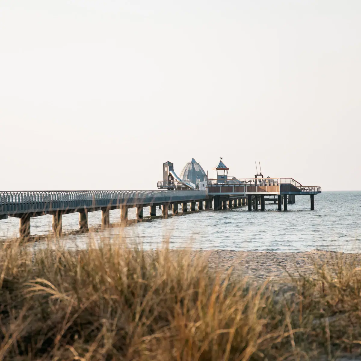 A long jetty on the beach with grass in the foreground.
