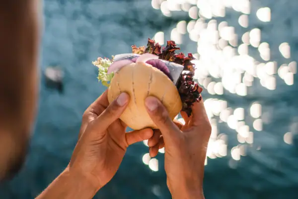 A person holds a fish roll above water.
