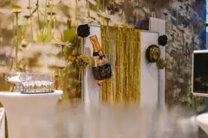 Champagne bottle and golden streamers