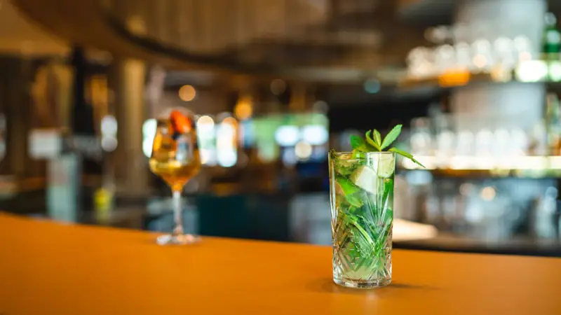 A glass of cocktail with a green leaf on top