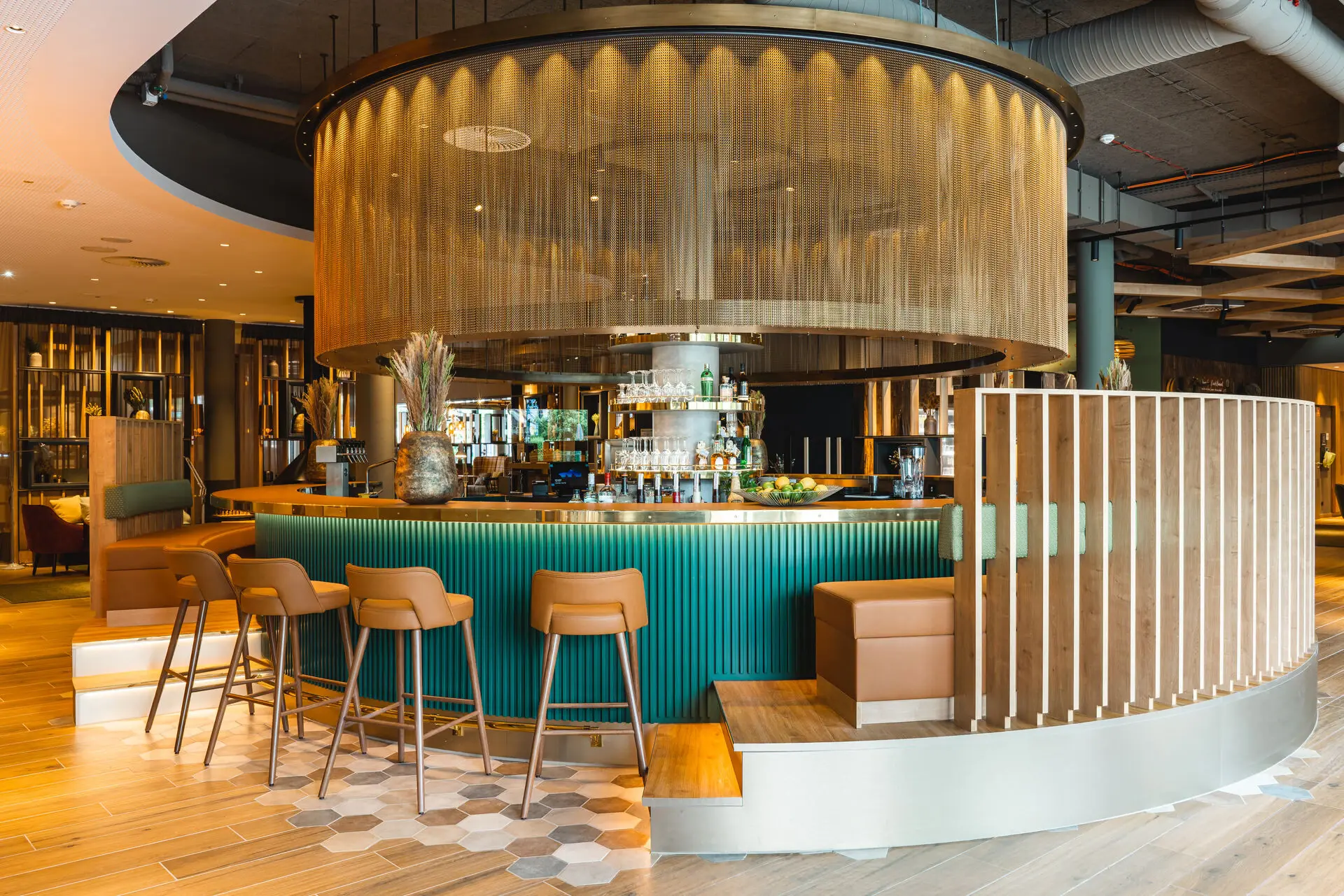 Bar A round bar counter with chairs.