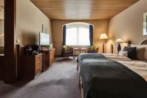 A room with a bed and a television.