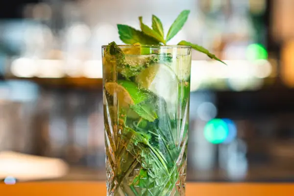 aja Cocktail A glass with a cocktail of lime and mint leaves from the aja Bar Ruhpolding.