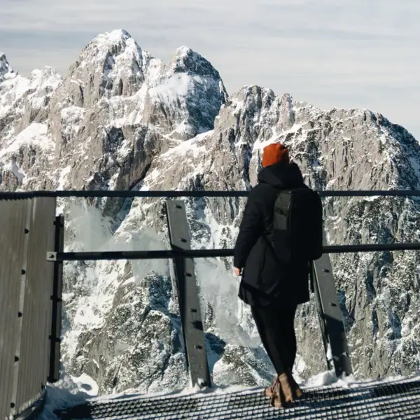 A person stands on a bridge and looks out over snow-covered mountains.