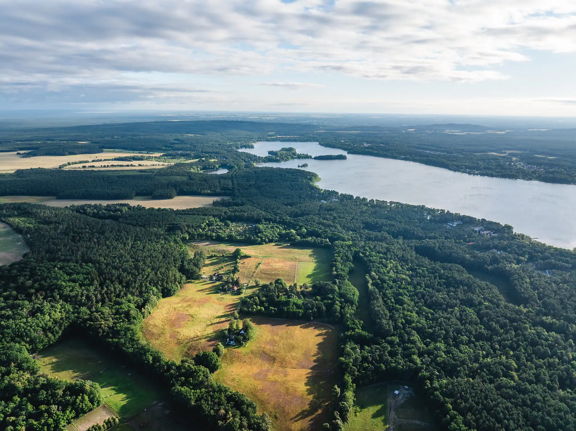 Aerial view of the lake and a forest with a field.