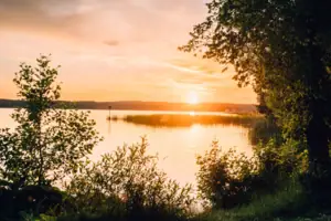 Sonnenuntergang über einem See mit Bäumen im Vordergrund.