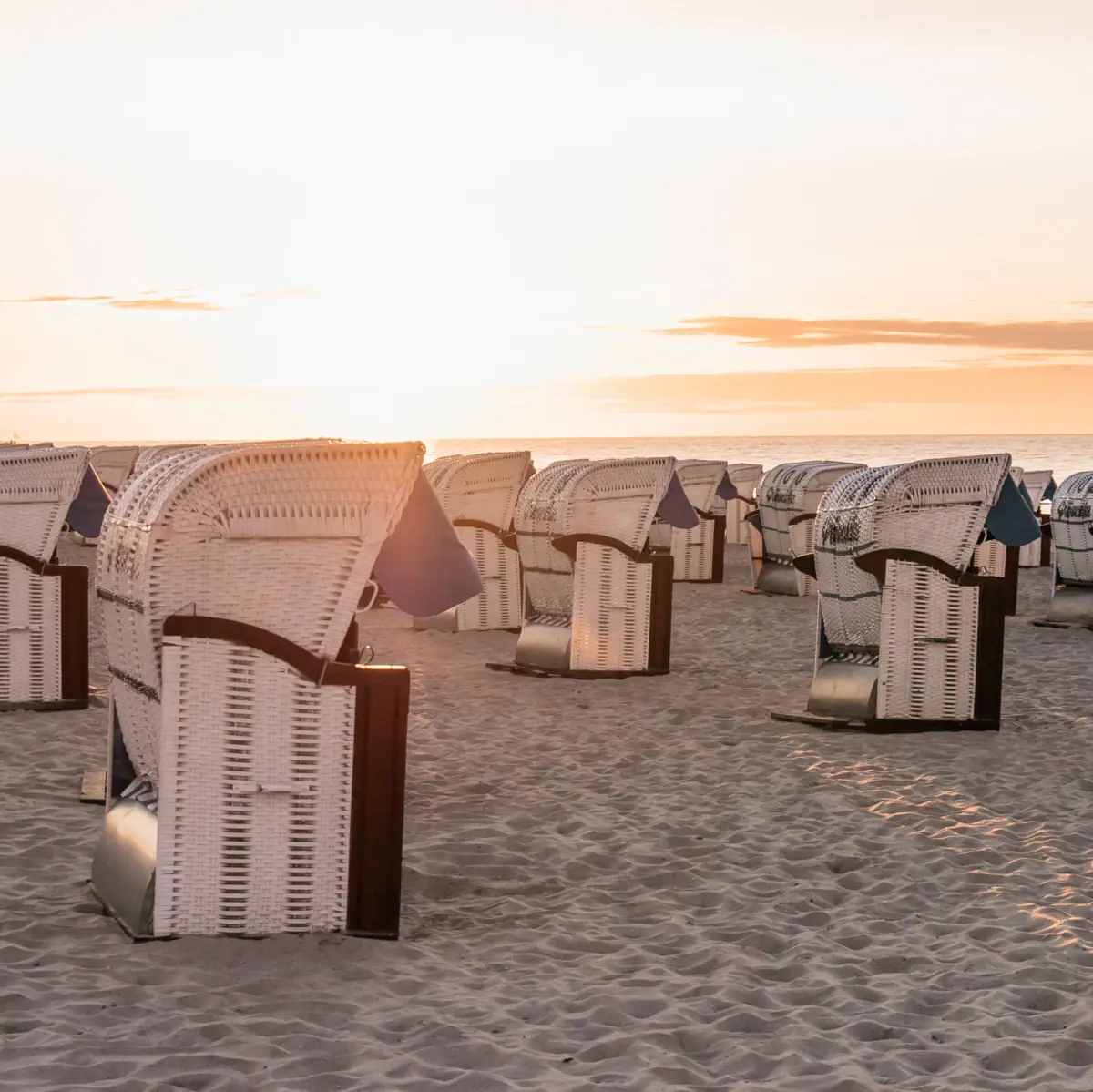 A group of deckchairs on the beach.